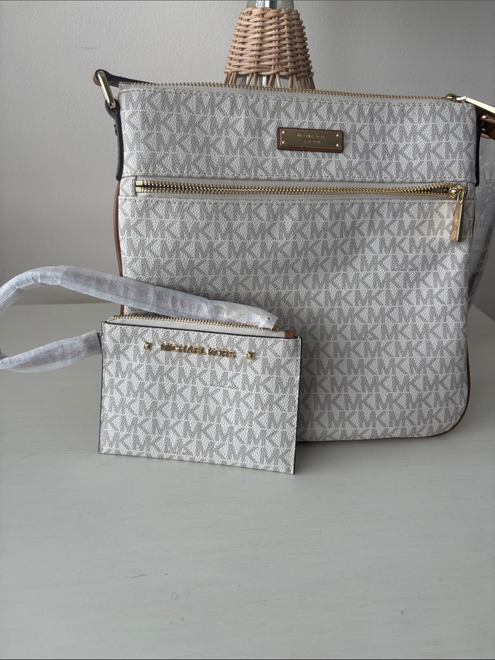 Michael Kors White and Brown Logo Crossbody Bag